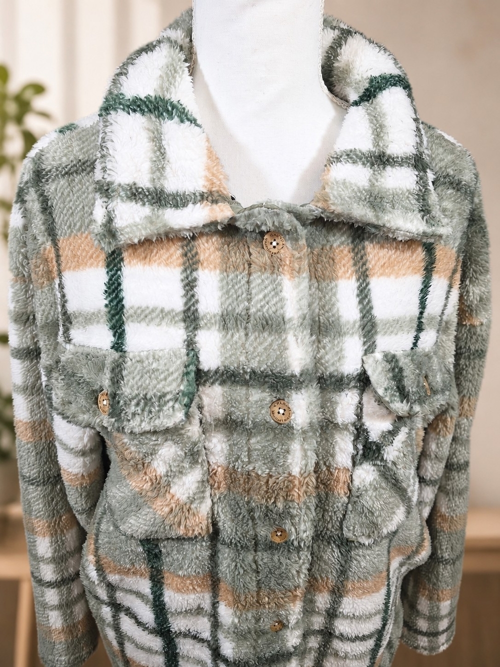 Canada Weather Gear Women's Plaid Teddy Shacket - Sage & Cream - Picture 6 of 7